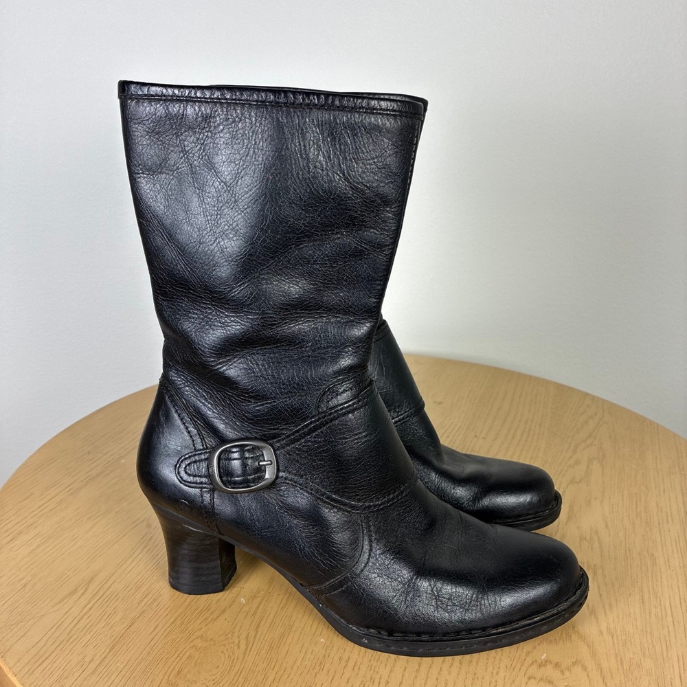 Born Leather Mid Calf Zip Boots Block Heel Womens 7.5 Fall Comfort Minimalist
